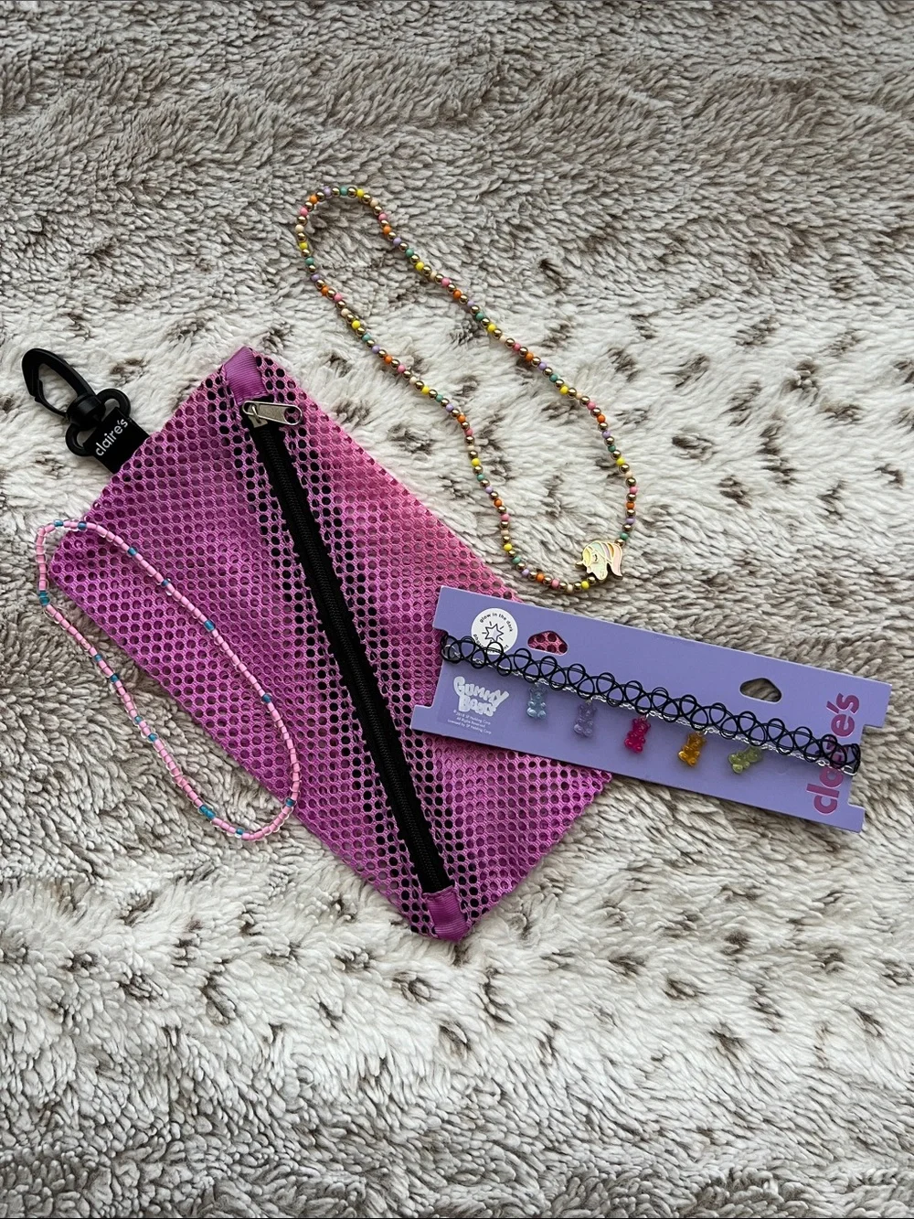 Assortment of Claire’s Necklaces & Purple Mesh Pouch